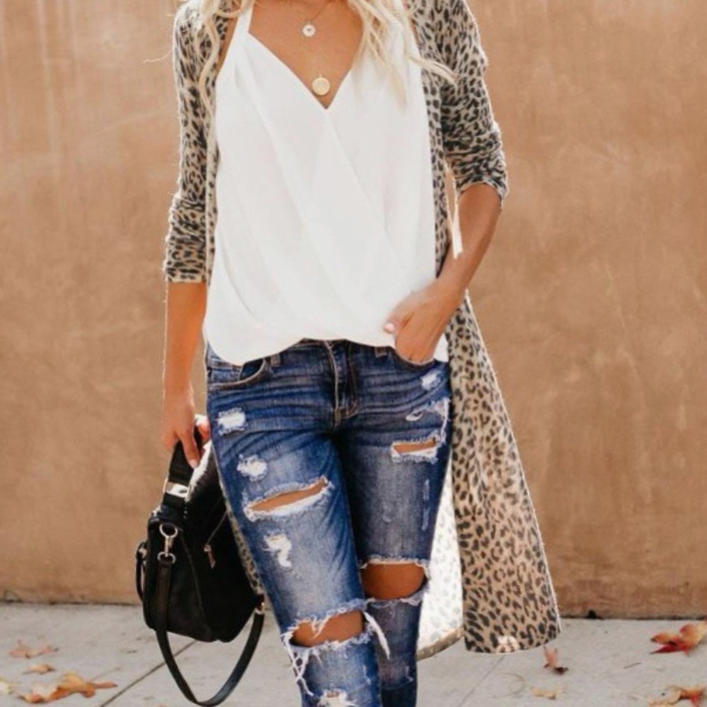 Leopard Print Open-Front Cardigan - Taupe - Picture 2 of 4
